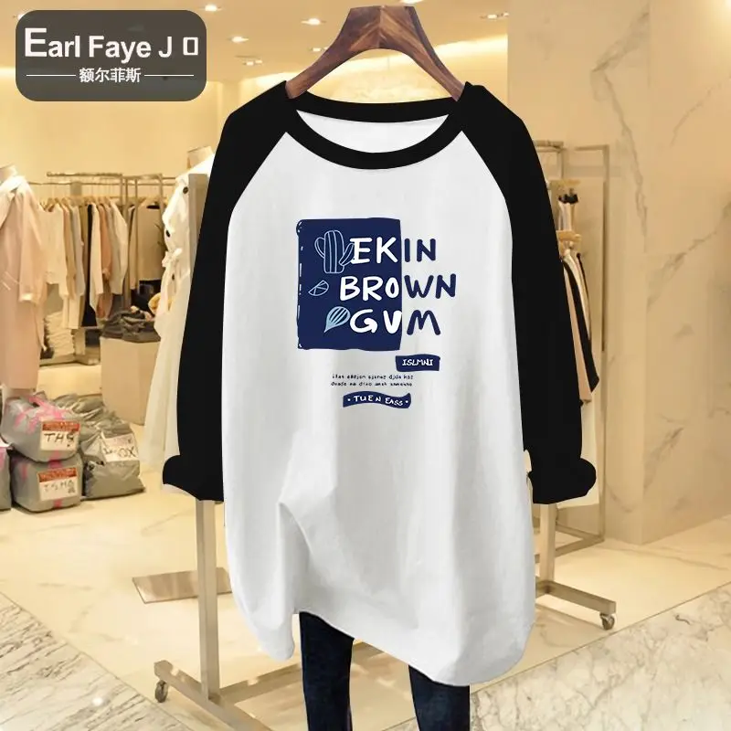 Women Clothing Chic Letter Printing Pure Cotton T-shirts Autumn Casual All-match O-neck Long Sleeve Top Tee Lady Loose Pullovers