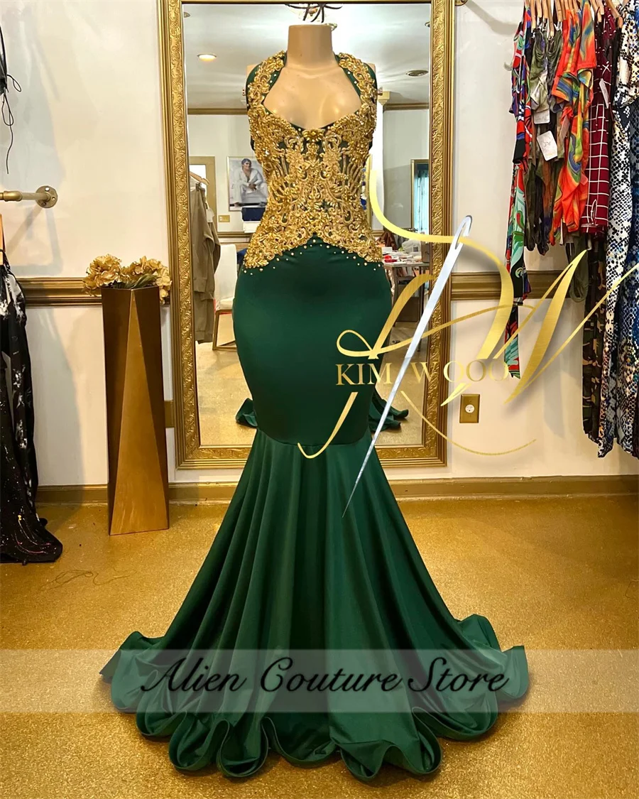 Glitter Esmeralda Verde Longo Vestido De Baile De Ouro Strass Beads Diamantes O-Neck Sparkly Vestido De Aniversário Vestidos De Festa Personalizado