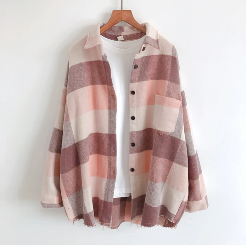 Wool Thicken Warm Women Plaid Shirts Loose Turn-Down Collar Long-Sleeved Casual All Match Female Outwear Coats Tops