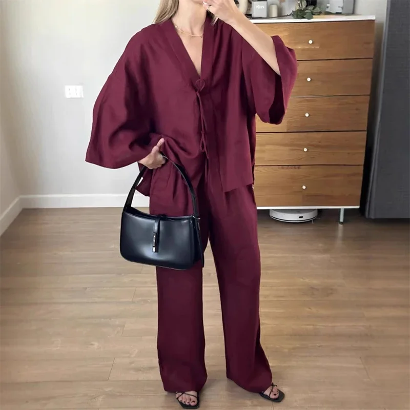 

Fashion V Neck Lace Up Top + Long Pants Suit Spring Summer Batwing Sleeves Loose Two Piece Set Vintage Women's Commuting Outfit