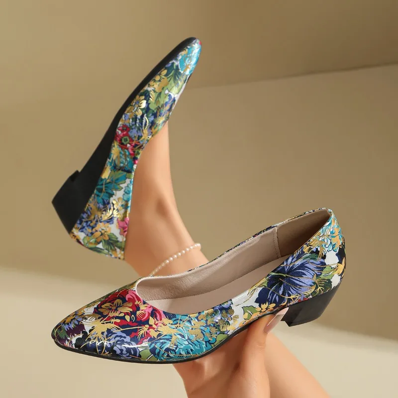 Spring Autumn Print Design Pointed Toe Women's Mid Heel Single Shoes 2026 Fashion Simple Style Outdoor Casual Shoes for Women