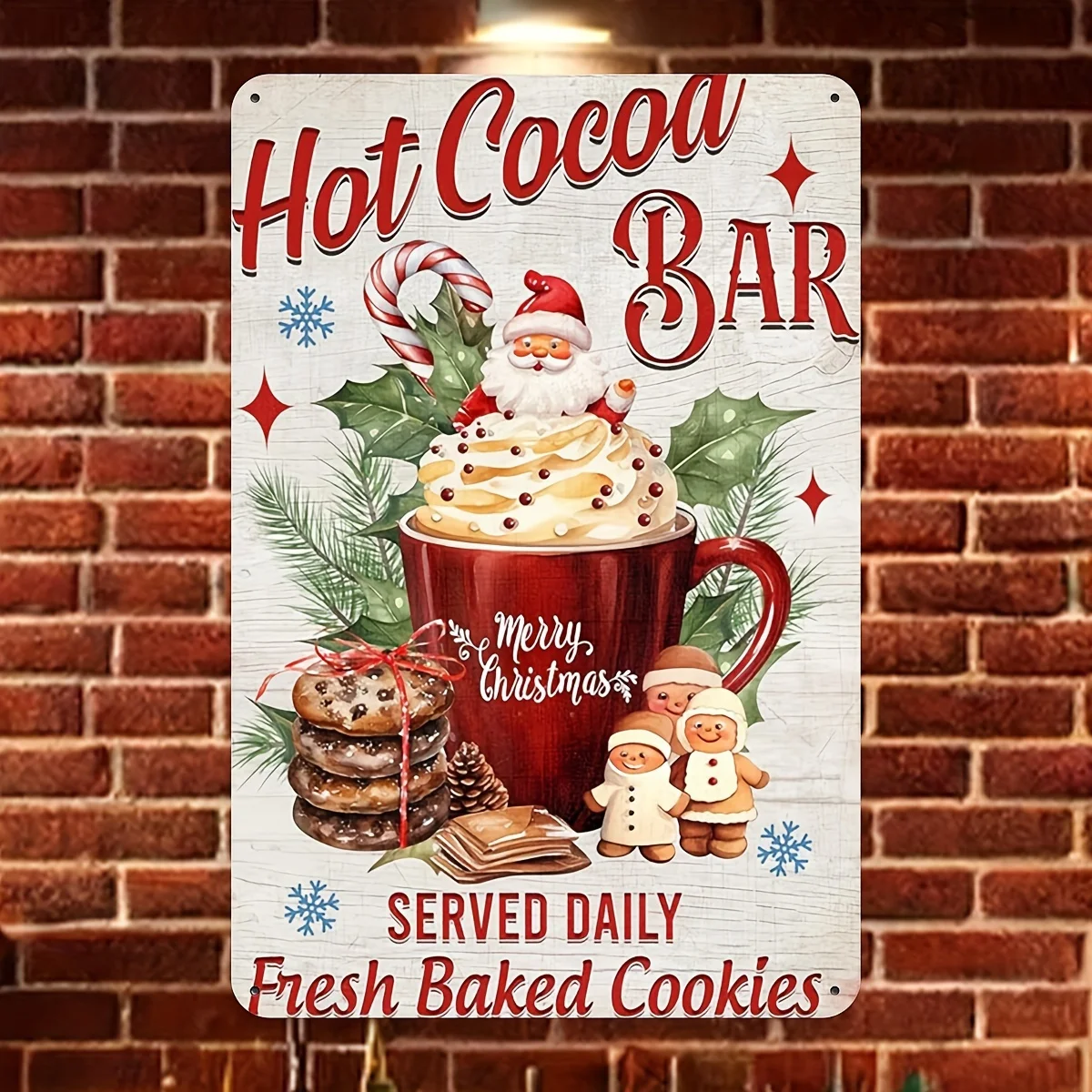 Vintage Christmas Hot Cocoa Bar Metal Sign  Tin Wall Art - Santa & Snowflakes Holiday Decor for Home, Cafe,