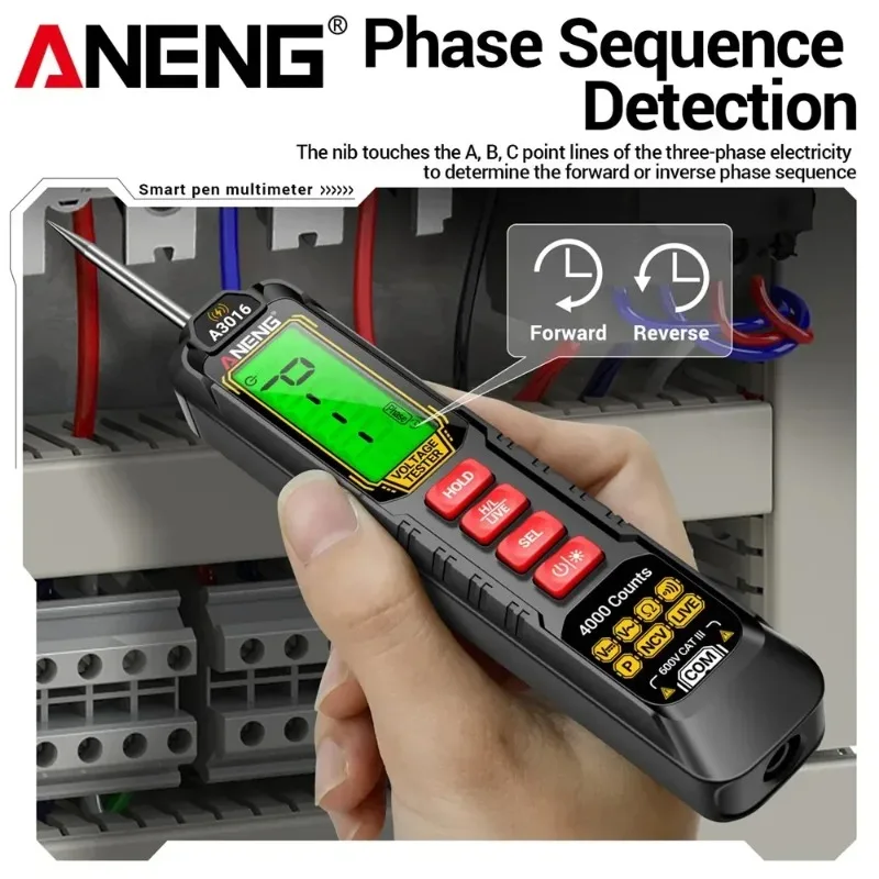 

ANENG A3016 Digital Tester Pen 600V Voltage Test Phase Sequence NCV Induction Multimeter 4000 Counts 500mA Rechargeable Tools