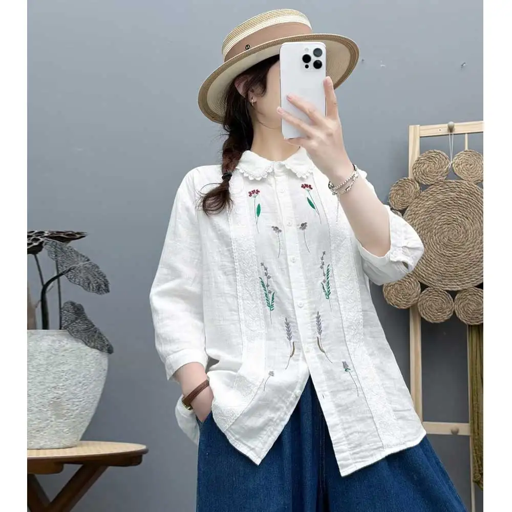 

Japanese Sweet Mori Girl Lace Floral Embroidery Cotton Shirts Women Summer Kawaii Peter Pan Collar 3/4 Sleeve Casual Blouse Tops