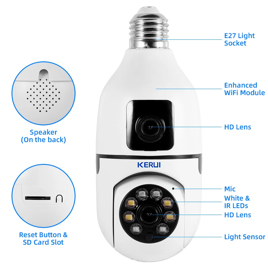 KERUI 3K 6MP WiFi Bulb Camera 5G Dual Lens E27 Base Indoor Baby Monitor Wireless Security Protection Video Surveillance Camera
