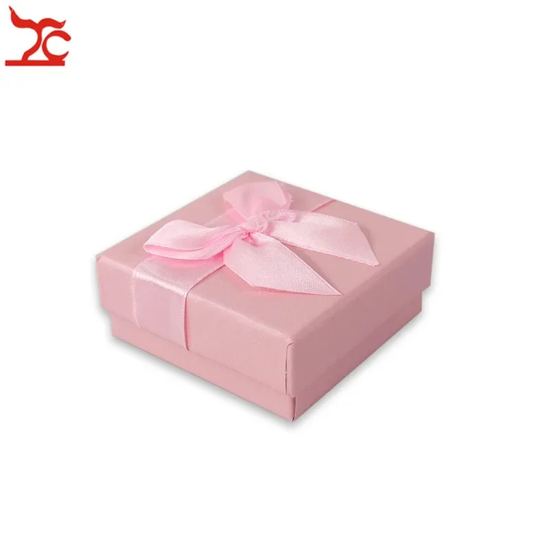Caja de joyería de papel rosa, organizador de almacenamiento de pendientes, collar, cinta de regalo, 7,5x7,5x3cm, venta al por mayor, 20 unidades