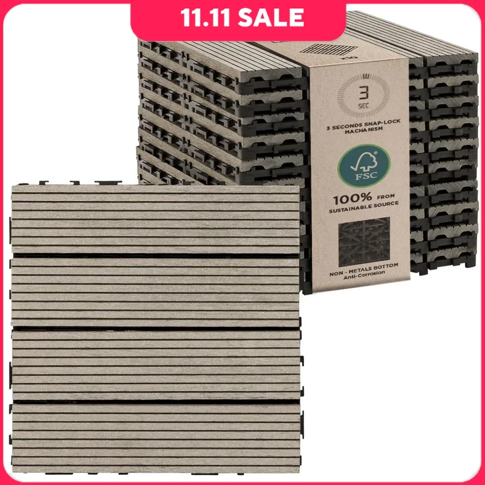 10 Piece Set of Wood Plastic Composite Deck Tiles, Sustainable FSC Composite Deck Rust Proof, Waterproof, and Weather Resistant