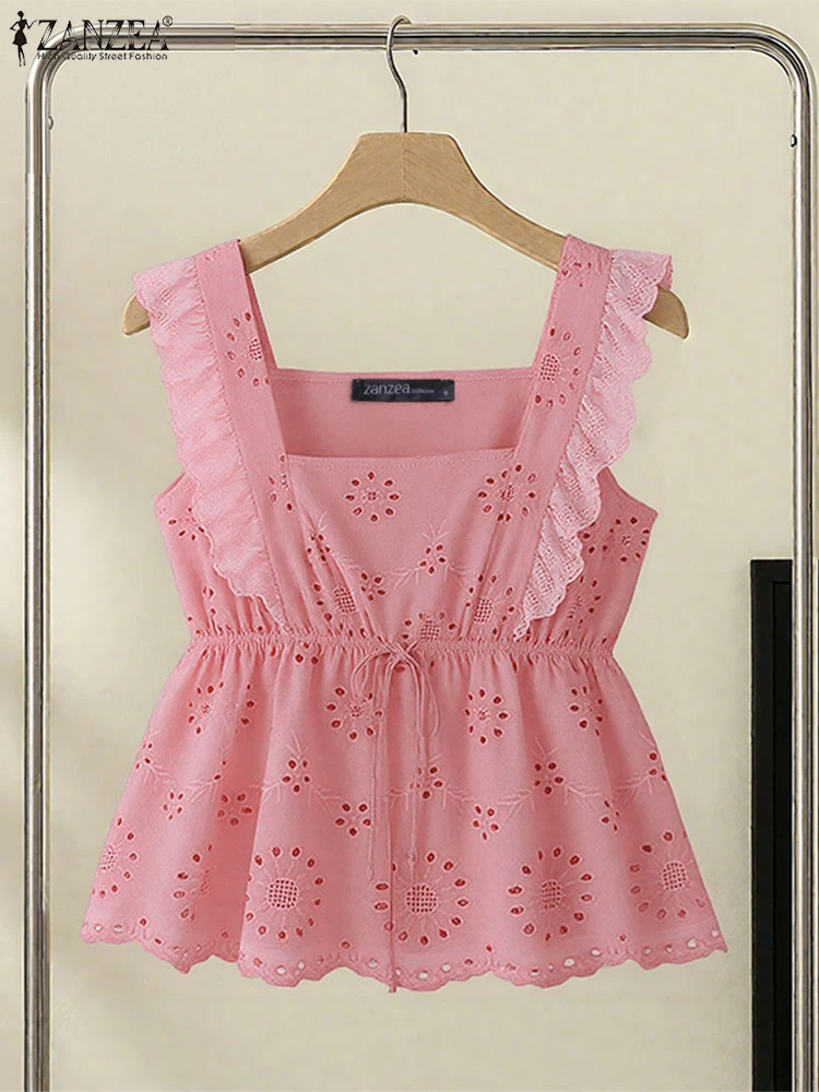 

ZANZEA Lace Tanks Sleeveless Summer Tops Simple Square Neck Camis Women 2025 Lace-up Ruffled Hollow Out Tunic Casual Tees