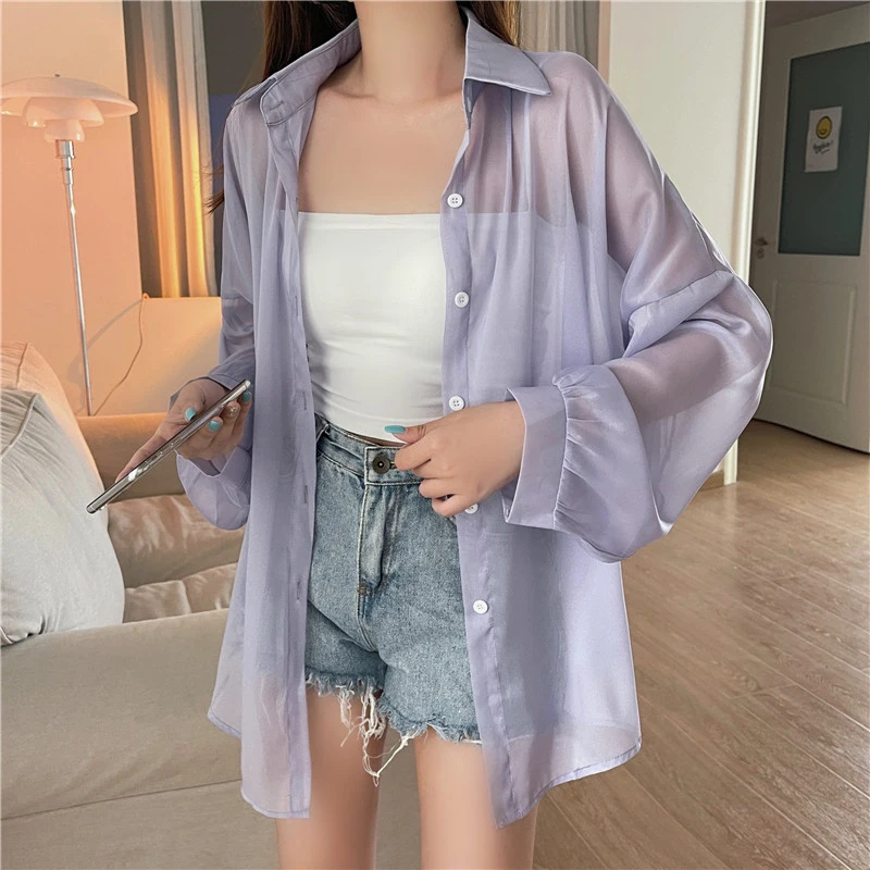 Gidyq Fashion Holiday Beach Shirt Women See Through Chiffon New Blouse Ladies Summer Sun Protection Long Sleeve Female Tops