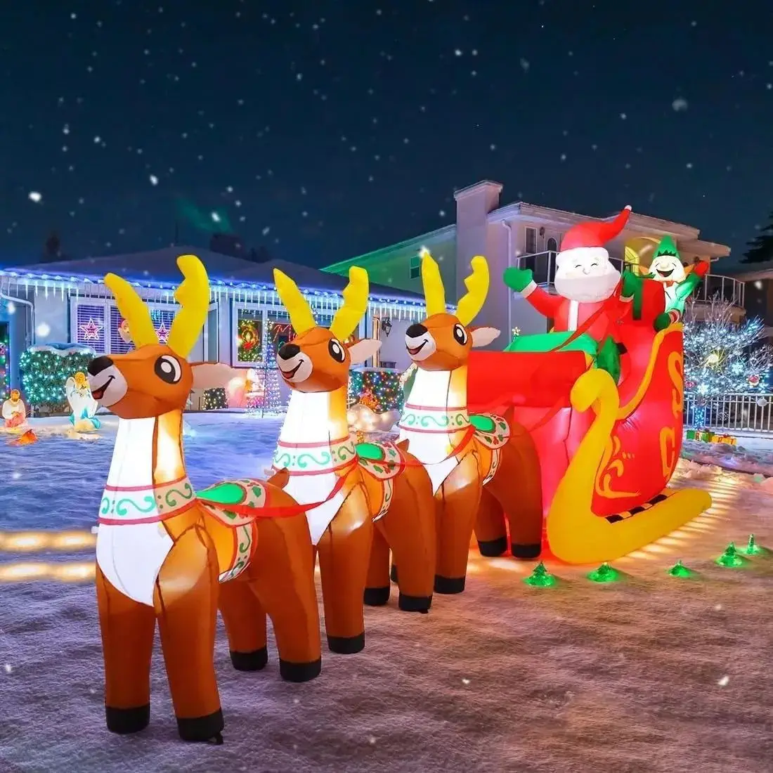 12FT/3.7M Inflatables Christmas Santa Reindeer Sleigh Outdoor Decor Built-in LED Lights Xmas Yard Garden Party Decorations Gifts