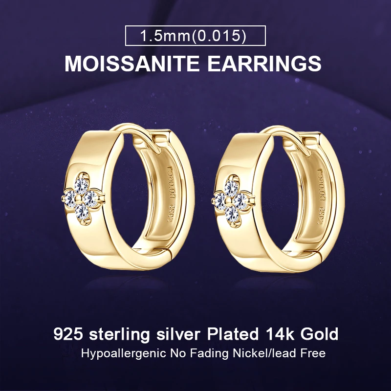 

IOGOU 100% 925 Silver Clover Flower 1.5mm D Moissanite Hoop Earrings for Women Fashionable Chunky Wide Huggies Earrings Jewelry
