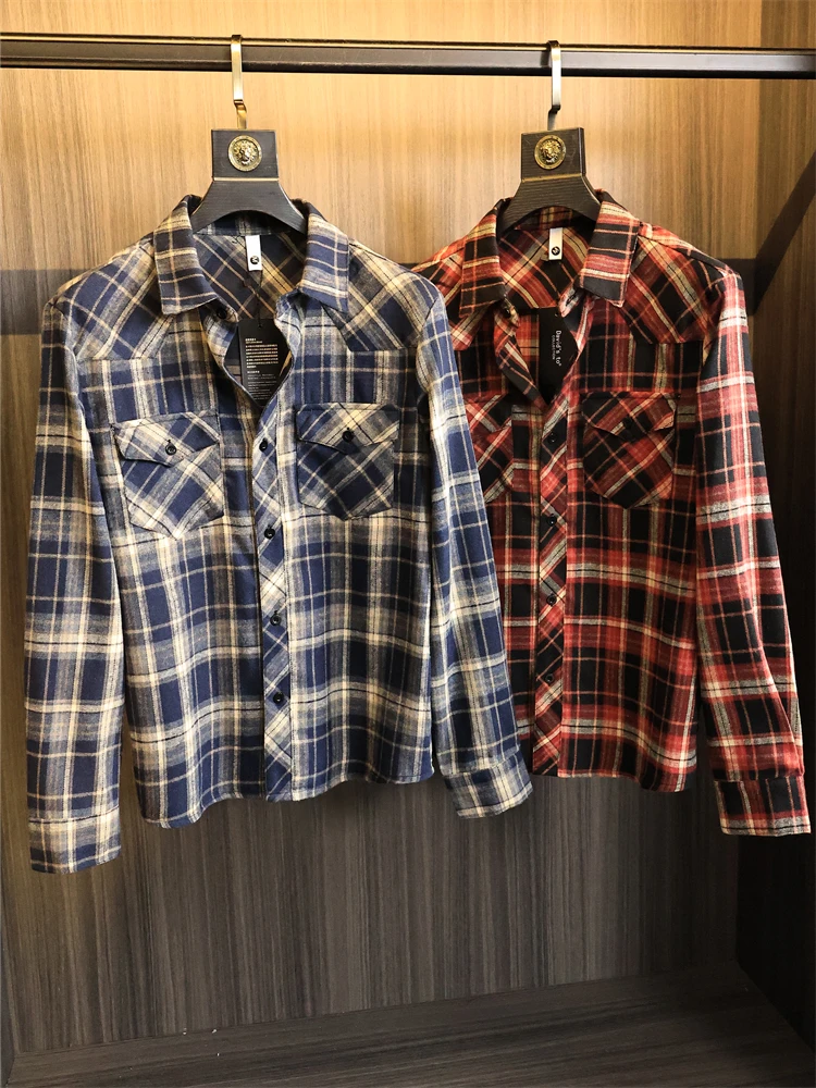 

Мужская клетчатая одежда Long Sve Irt с винтажным воротником Fce Fini, весна 202, свободная повседневная одежда, классический узор