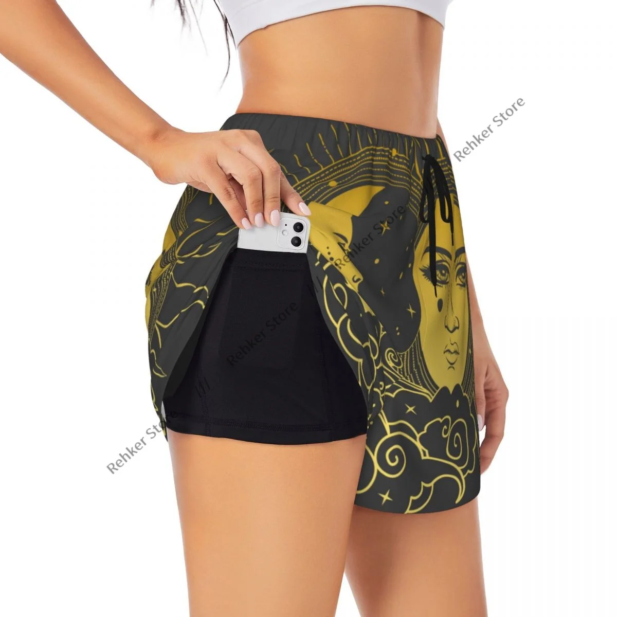 レディース アスレチック ショーツ ムーン サン ランニング ヨガ フィットネス 速乾性 バドミントン トレーニング ポケット付き
