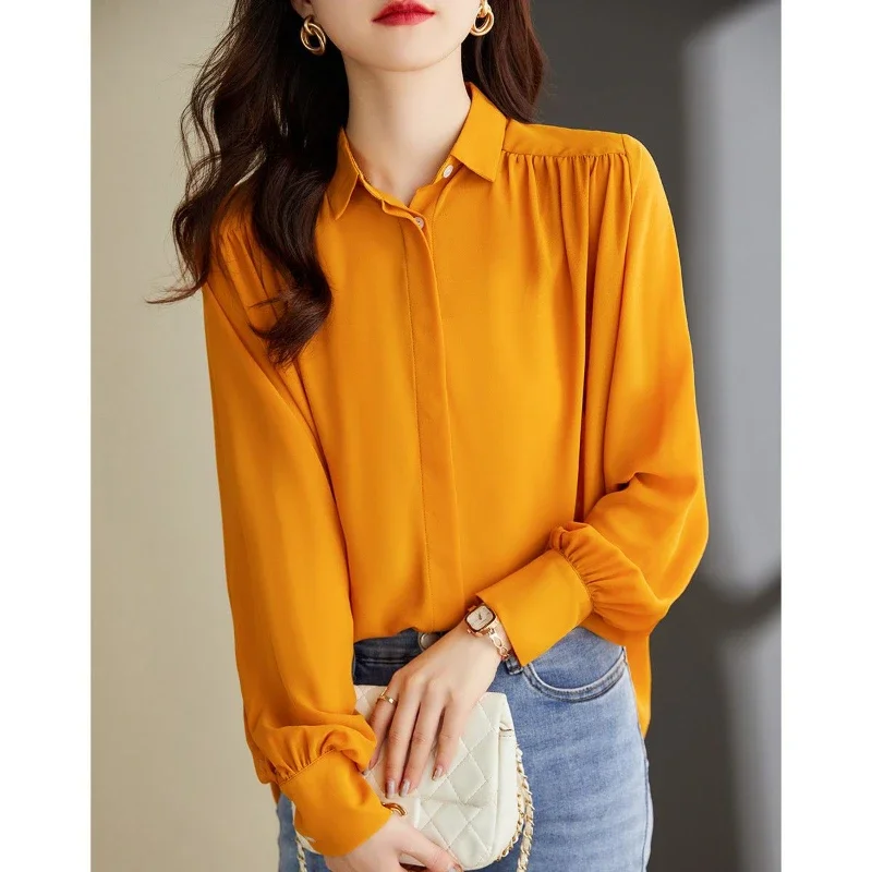

Women's 2025 Spring and Autumn New Shirt with Drop Down Anti Wrinkle Loose Cover Chiffon Shirt, Red Top for Women D230