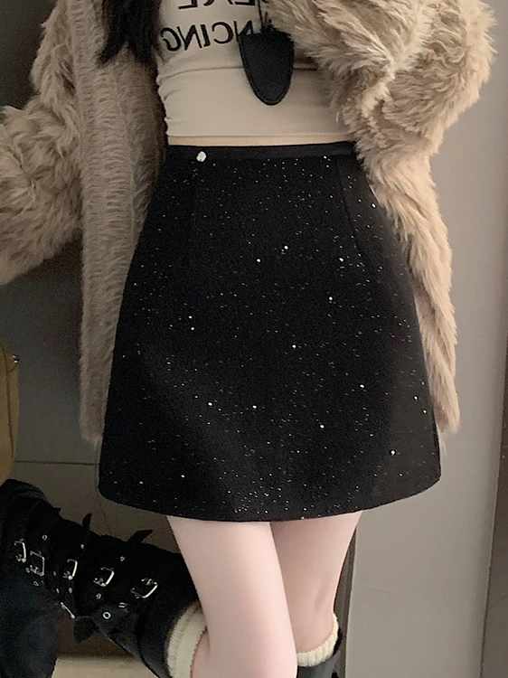 

Retro Glitter Woolen A-Line Skirt Women's High Waist Slim Fit Korean Sle Autumn Winter Faion Commute Skirt
