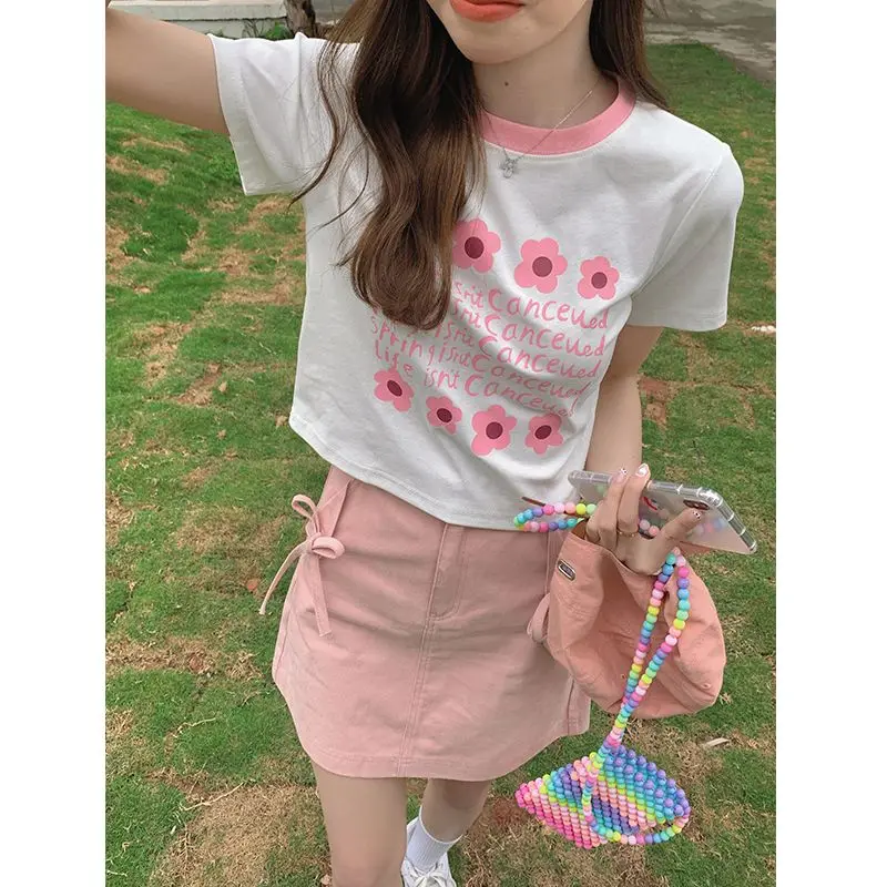 Denim Skirt Pink Bow Design 2024 Summer New Style Female Korean Version Sweet Little High Waist Slim A-Line Hip Skirt