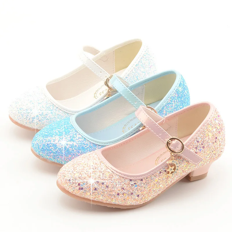 Glitter Princess Shoes for Girls Autumn Children\'s Shoes with Heels Fashion Wedding Party Kids Leather Shoe Breathable Non-slip