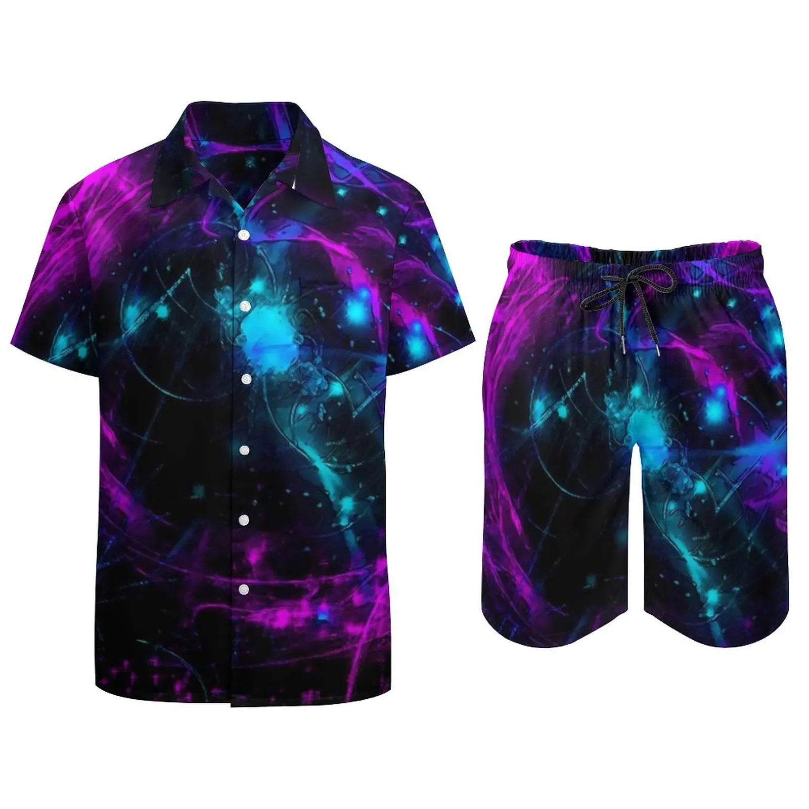 Neon Galaxy Men Sets Purple And Blue Casual Shirt Set Hawaii Vacation Shorts Summer Graphic Suit Two-piece Clothes Plus Size