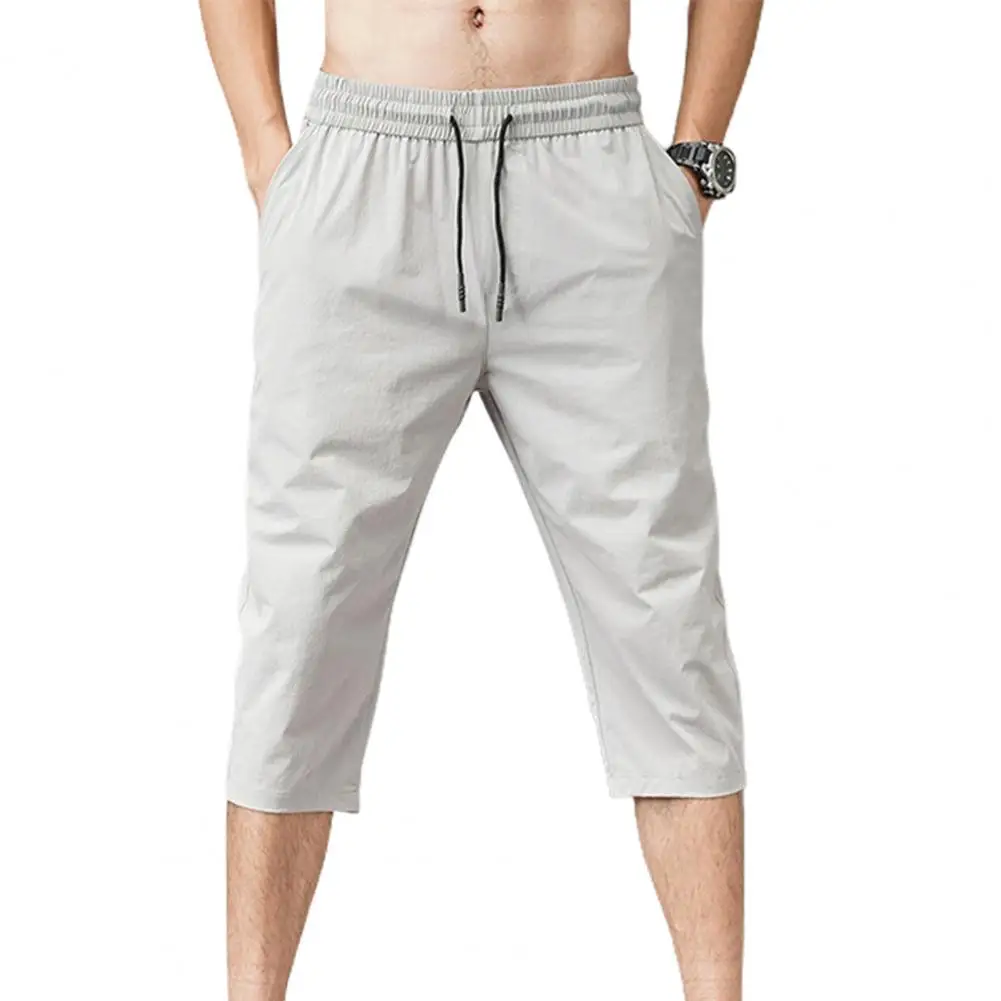 

New Solid Color Pants Elastic Waist Men Drawstring 3/4 Length Cropped Trousers Sweatpants