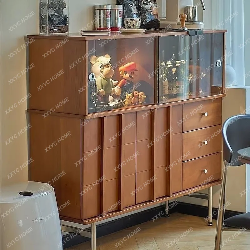 XXSolid Wood Sideboard for Dining Room, Glass Storage Cabinet with Tall Display, Vintage Home Organizer for Living Room