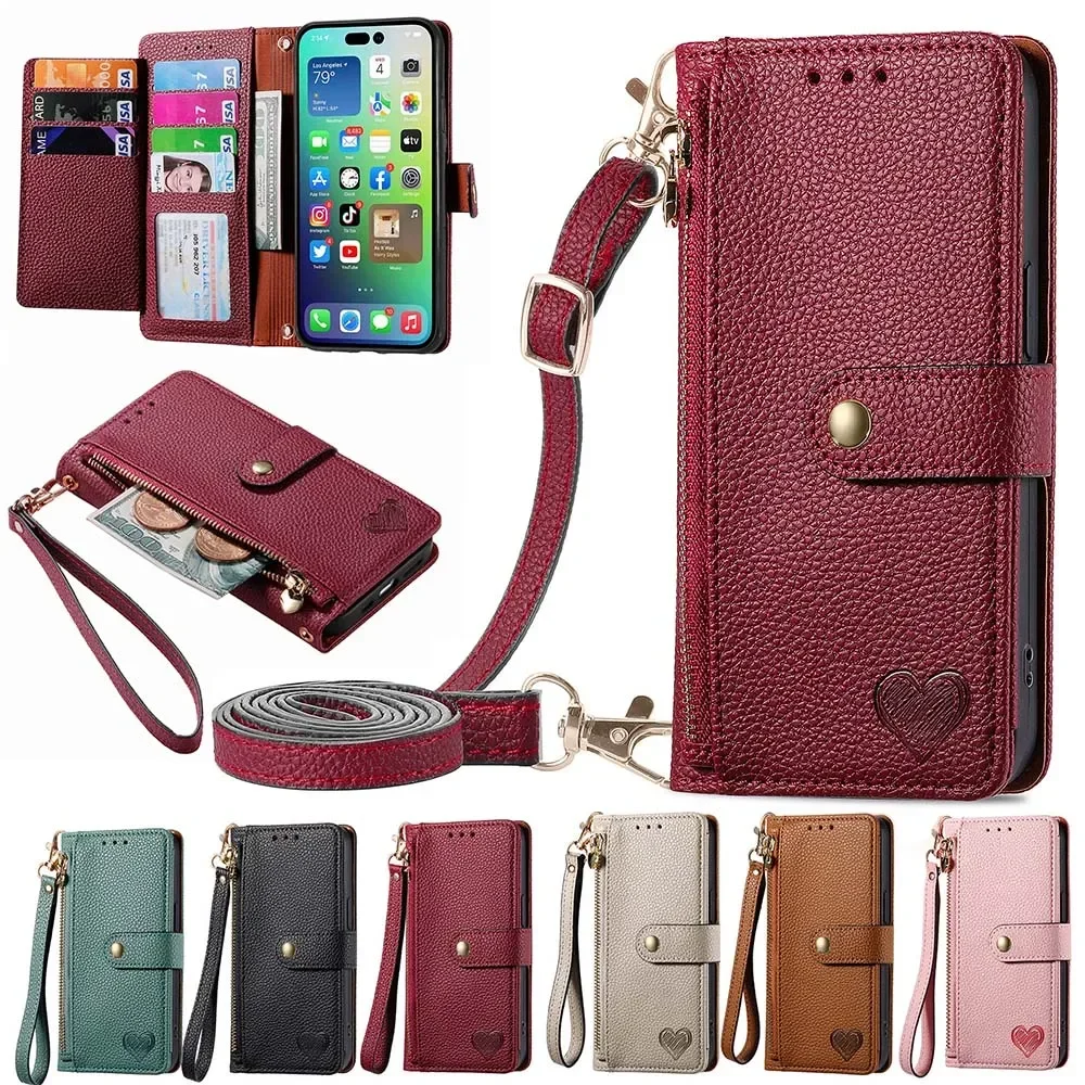 

Luxury Zipper Wallet Case For Moto Edge 40 Neo Edge 30 Lite E53 G23 G53 G73 G14 G54 G84 Leather Crossbody Lanyard Flip Cover