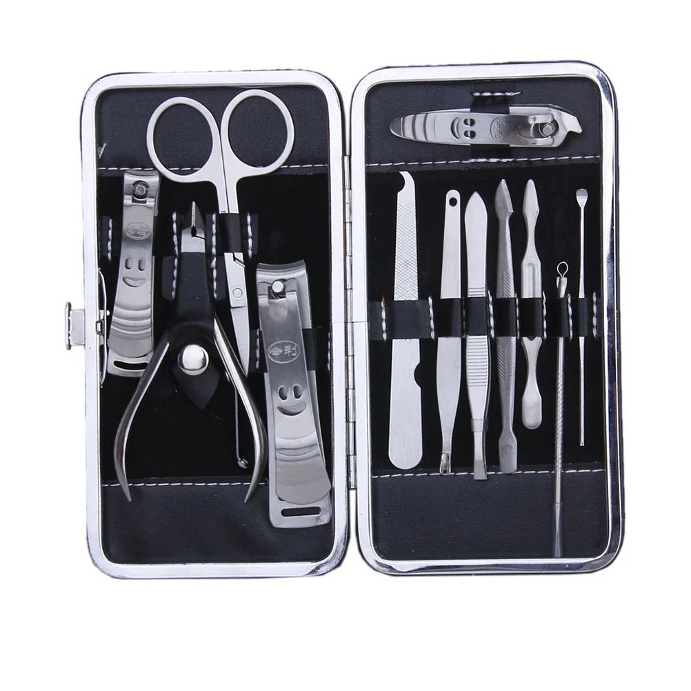 12Pcs Grooming Kit Stainless Steel Manicure Pedicure Set Silver Nail Clippers Files in Stylish PU Bag for Travel Daily Care
