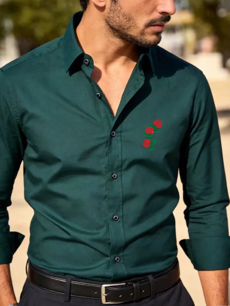 Men's Premium Business Casual Shirt with Flower Rose Slim Fit Long Sleeve Wrinkle Resistant Dress Shirt Multi Styles Available