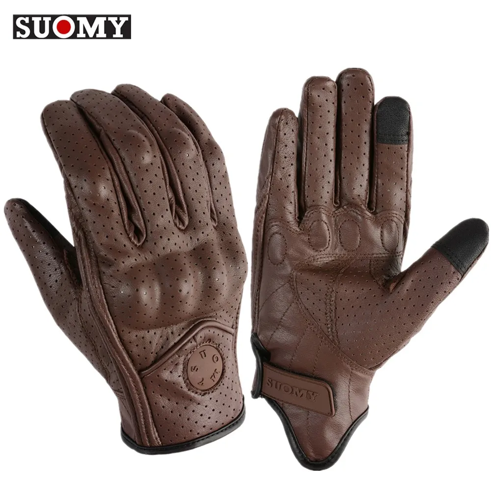 SUOMY Motorcycle Gloves Brown Vintage Leather Men Women Motorbike Riding Gloves Perforated Motocross Moto Racing Biker Gloves