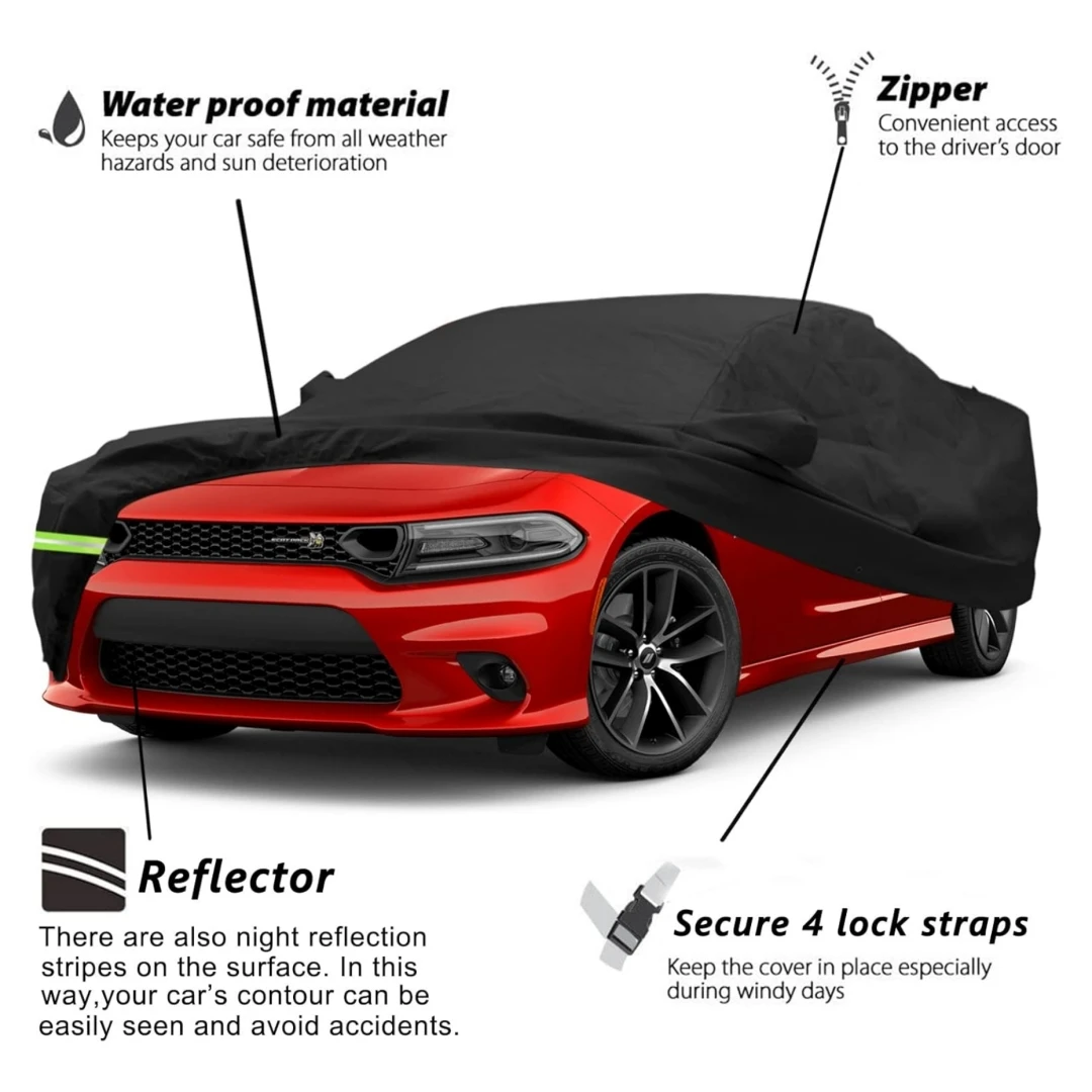 Waterproof Car Cover Custom Fit for 2006-2024 Dodge Challenger Dustproof waterproof and hailproof with Windproof Strap (Black)