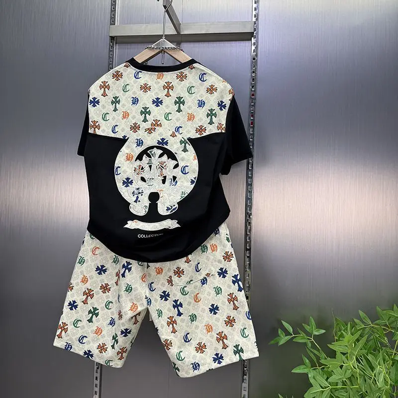 2025Trendy brand casual short-sleeved shorts two-piece set embroidered round neck t-shirt thin set of men's clothing