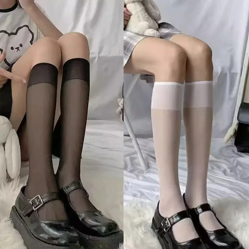 

JK Women Socks Spring Girls Black White Sexy Lolita Long Sock Ultrathin Simple Transparent Knee High Stockings Fashion Accessory