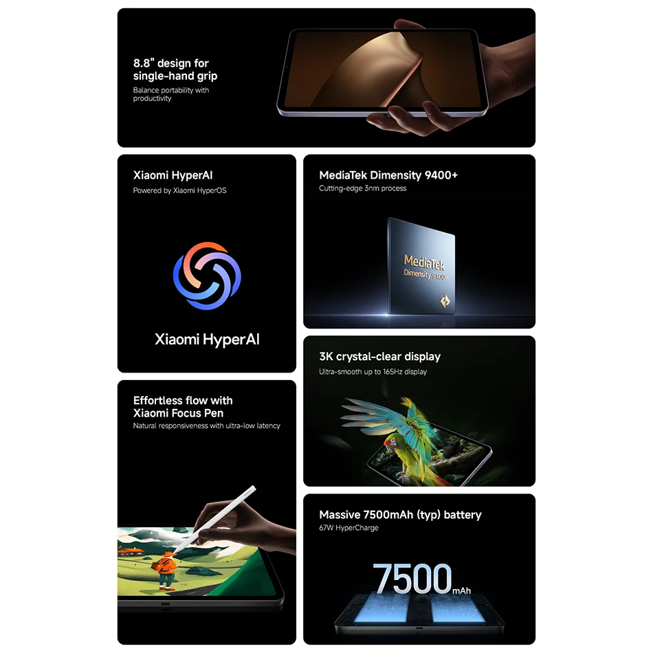 الإصدار العالمي من Xiaomi Pad Mini 8.8 بوصة 3K 165 هرتز أبعاد العرض 9400+ Mi Tablet بطارية 7500 مللي أمبير في الساعة 67 وات HyperCharge