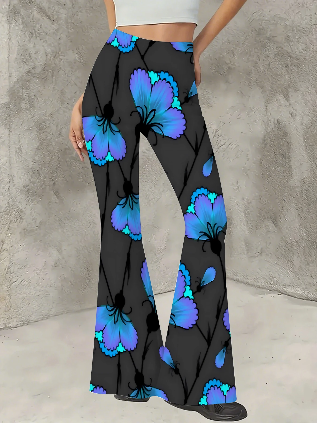 

Retro Printed Flare Pants Women High Waist Polyester Knit Bell Bottom Trousers