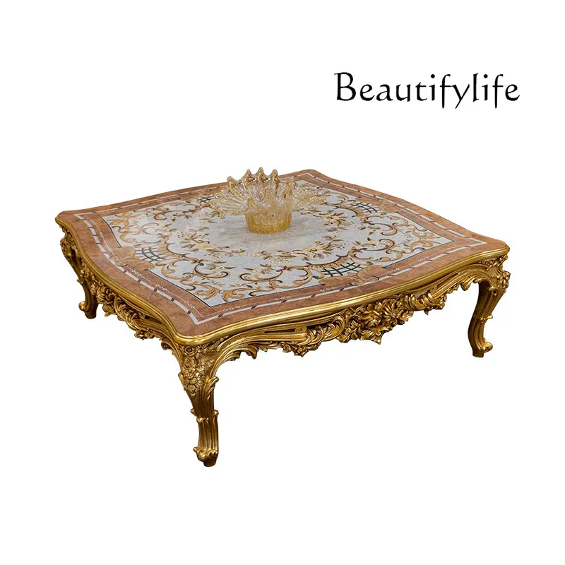 

European luxury solid wood carving flower coffee table French inlaid square tea table living room tea table