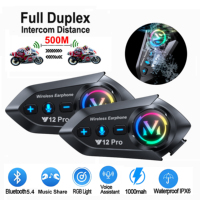 For 2 Riders Motorcycle Helmet Intercom Headset 500M Intercomunicador Wireless Interphone BT5.4 Handsfree Call & Music Sharing