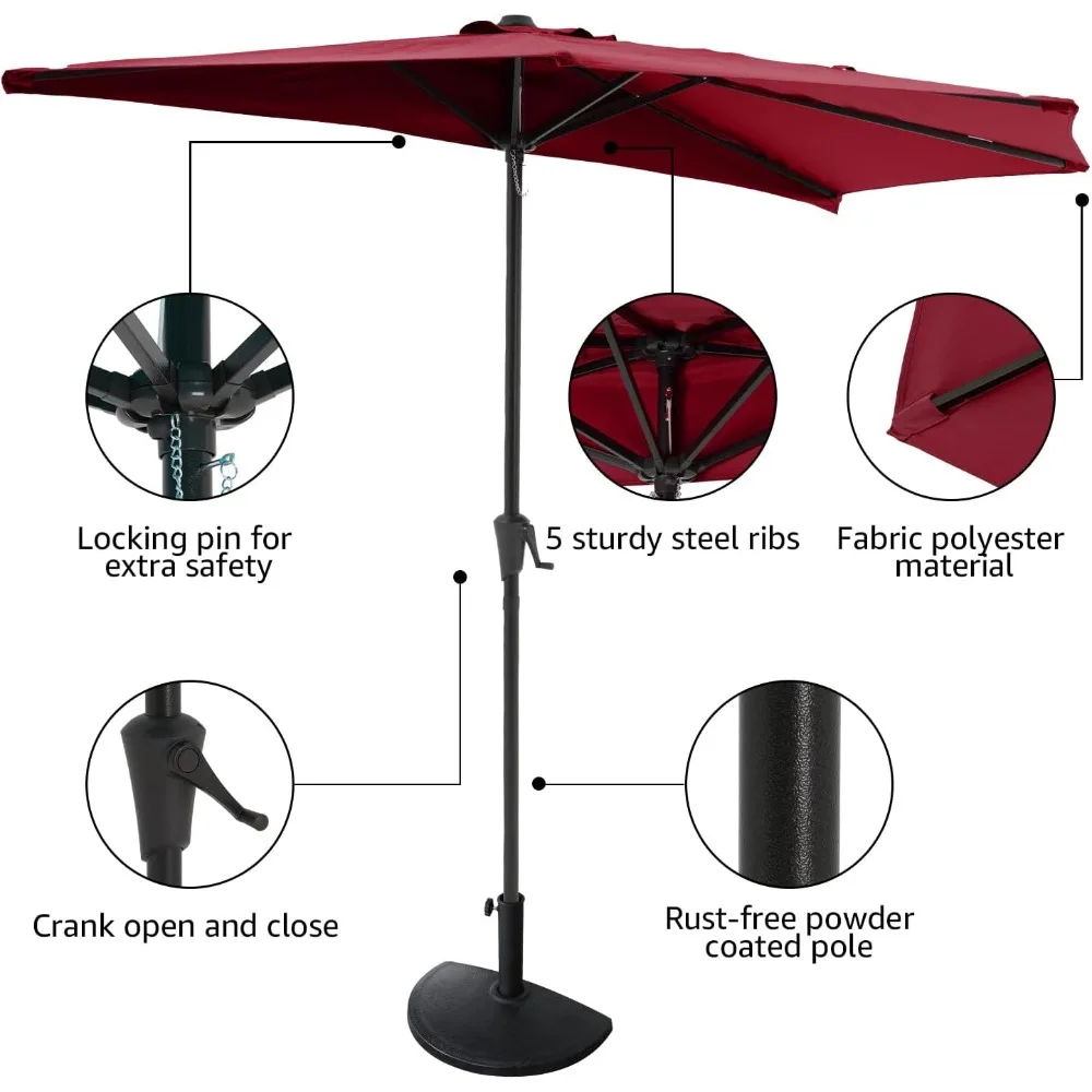 9’ Half Round Patio Outdoor Umbrella with Crank for Deck, Balcony, Garden or Terrace Shade, Dark Red