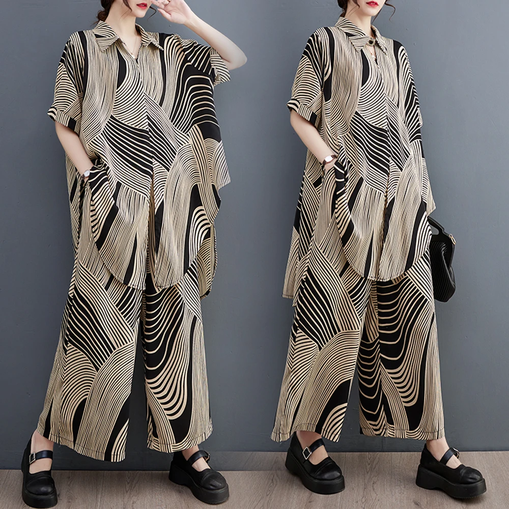 NYFS 2023 Summer New Korea Print Woman Set Loose Plus Size Short Sleeve Shirt+Wide Leg Pants 2 Piece Set Women Suit