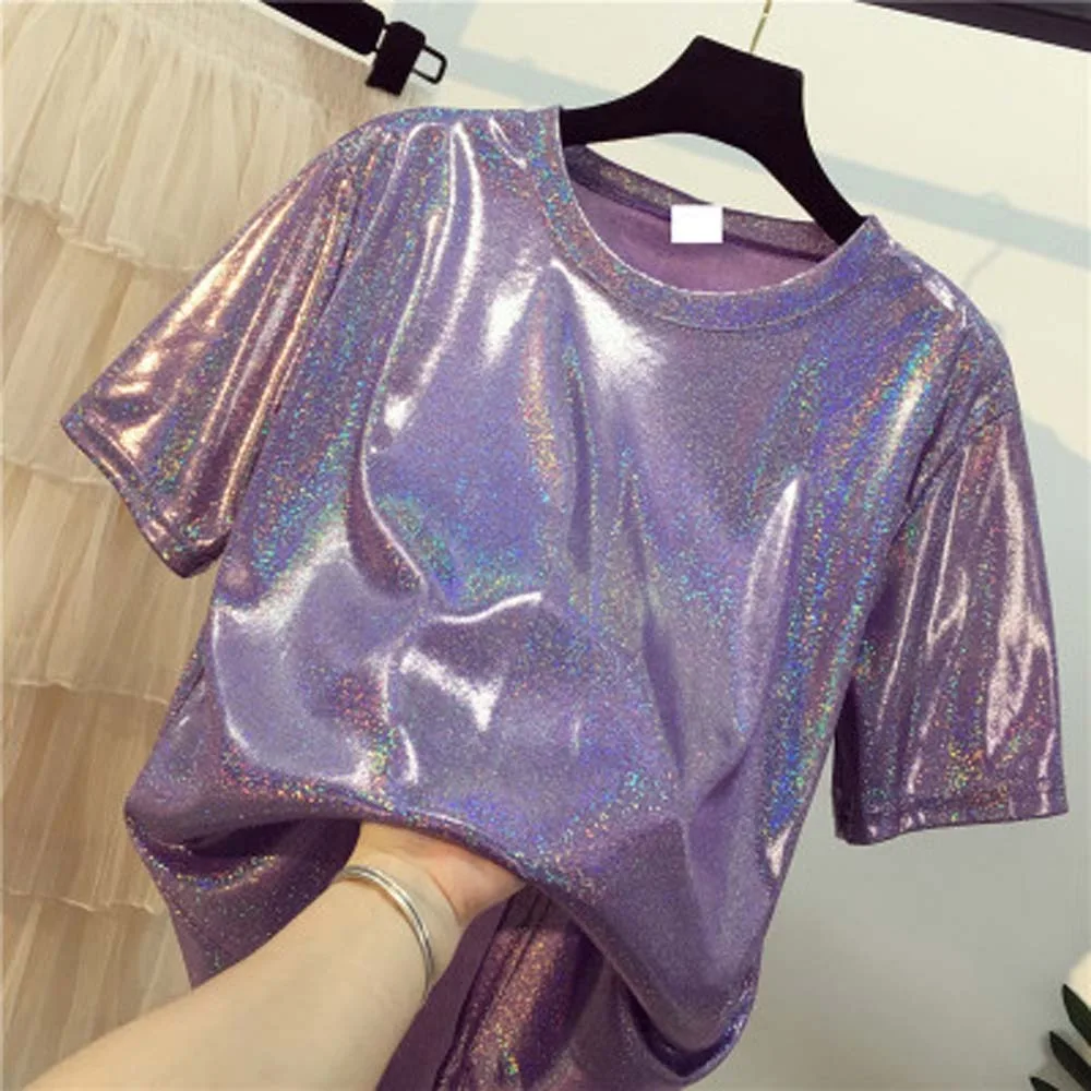 

Casual Top Vintage Fashion Silk Top Purple Sequins Ladies Shiny Loose T-shirt Pink Aesthetic Harajuku Short Sleeved Party