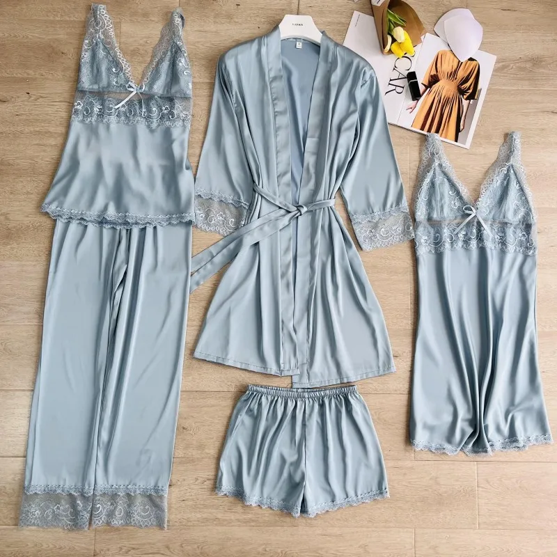 

New Female Pajamas Five-Piece Set Sleepwear Sexy Patchwork Lace Bathrobe Nightgown Loose Casual Silk Satin Homewear Trouser Suit