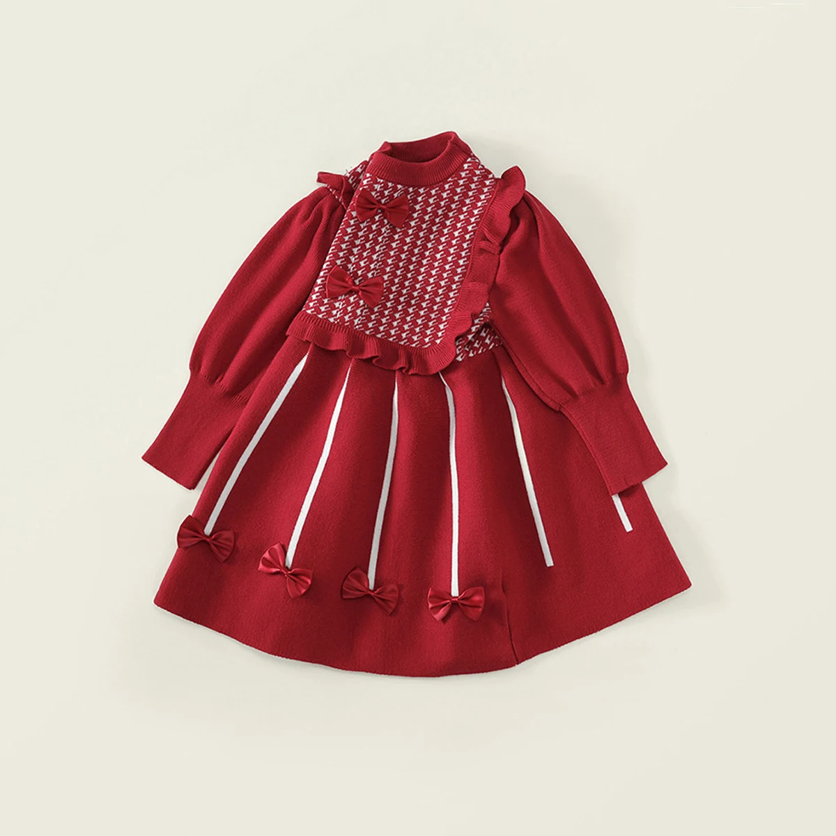 Fashion Girls' Sweater Dress  Autumn Winter New Girls Bow Red Long Sleeve Knitted Dresses Christmas A-line Princess Dress