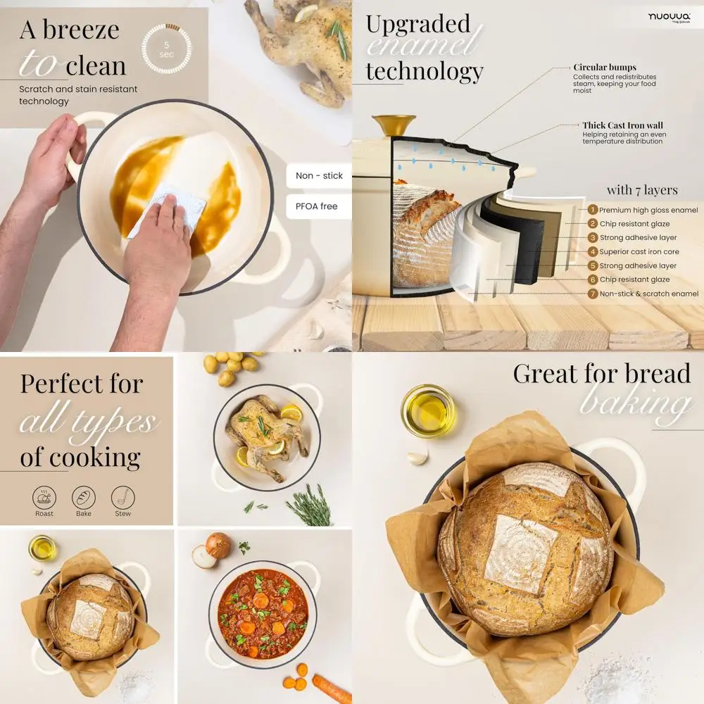 

6.4 Quart Non-Stick Cast Iron Dutch Oven with Lid - Oven Safe up to 500°F, Ideal for Baking, Braising, Roasting, and More - 28cm