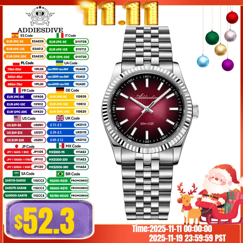 Addiesdive 36 مللي متر ساعة رجالية حزام اليوبيل 10Bar الغوص 316L الفولاذ المقاوم للصدأ الياقوت كريستال BGW9 سوبر مضيئة VH31 ساعة كوارتز #1