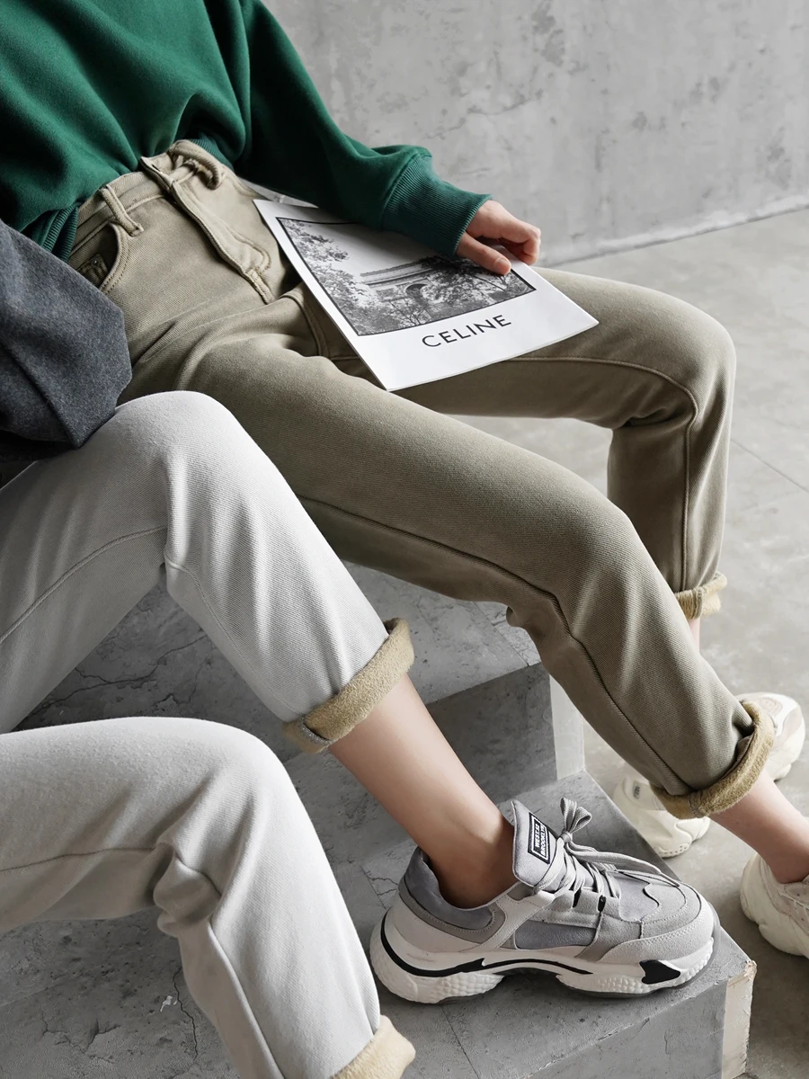 

Warmo High Waist Thiened Fce Lined Loose Casual Pants Simple Design Winter New Arrival Women's Trendy Harajuku Sle Jeans