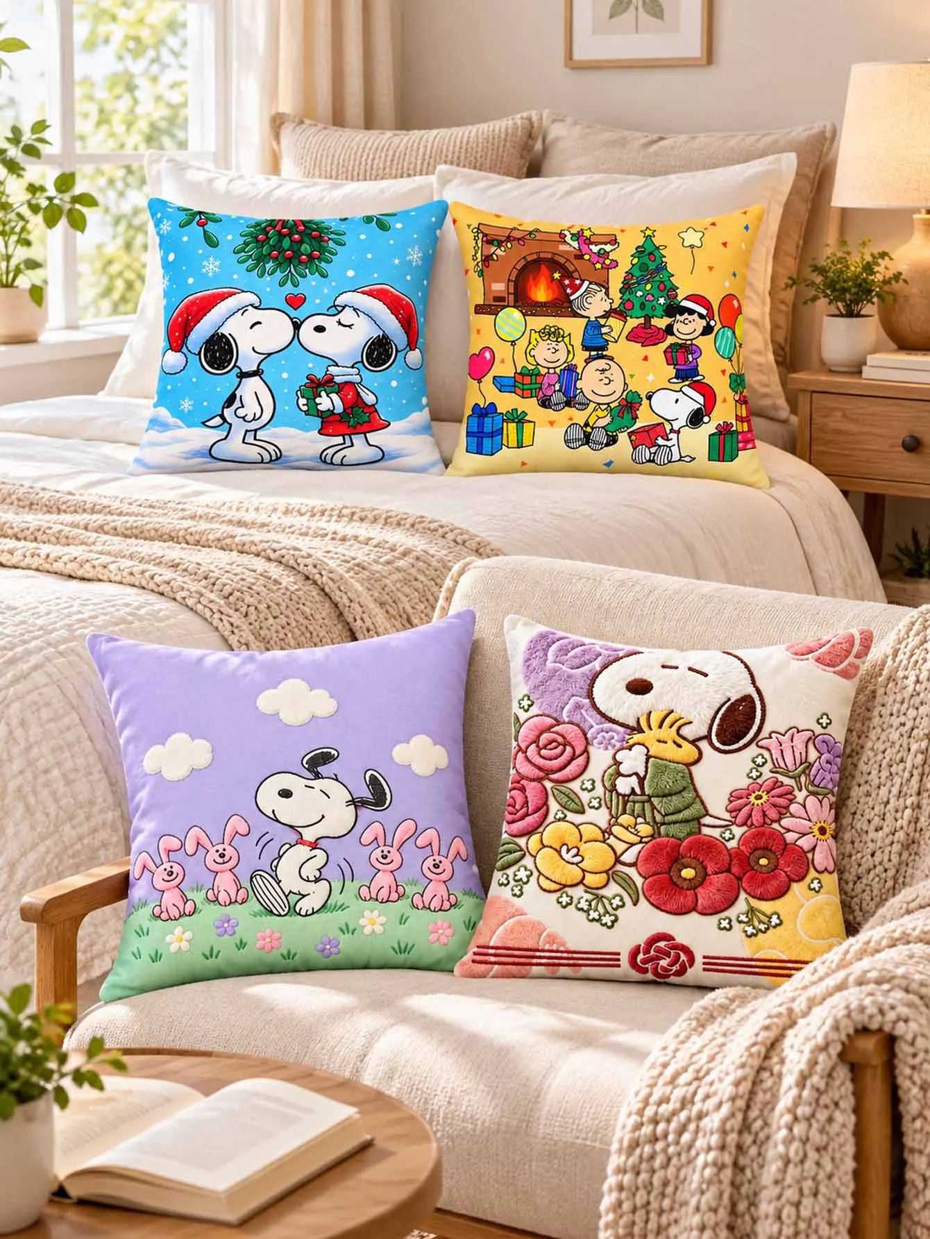 Snoopy Cute Peanuts Seasonal Printed Cushion Cover Square Pillow Cover Sofa Home Decoration