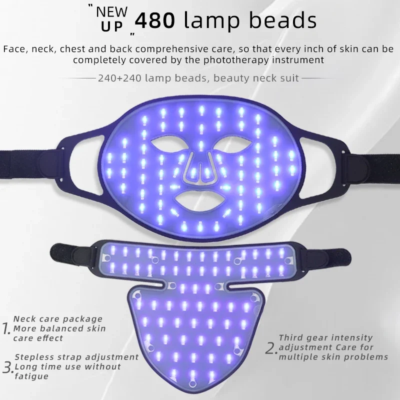 Wireless 3D Silicone LED Face Neck Mask with 480 Lamp Beads Infrared Light Photon Mask Skin Rejuvenation Anti-Ance Shrink Pores