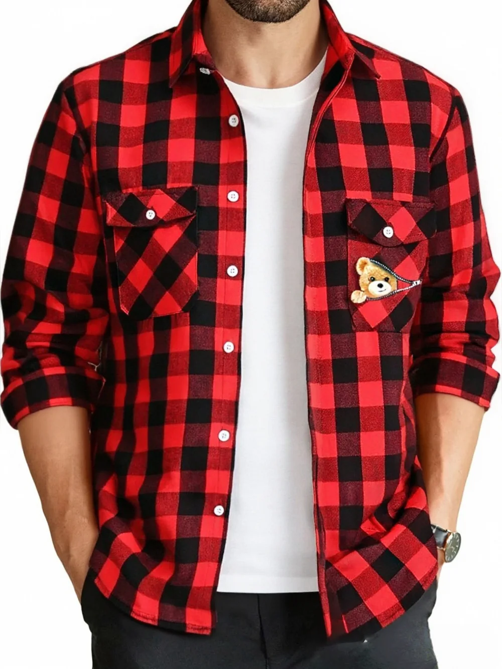 

Рубашки с длинными рукавами в клетку «Маленький медвежонок» для мужчин, весенне-осенние свободные повседневные рубашки, пальто, корейская уличная одежда для отдыха, мужские куртки-рубашки