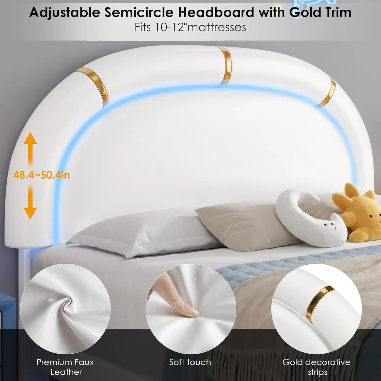 Full LED Bed Frame with 2 Storage Drawers & Adjustable Semicircle Headboard, Faux Leather Upholstered Platform Bed Frame for Kid