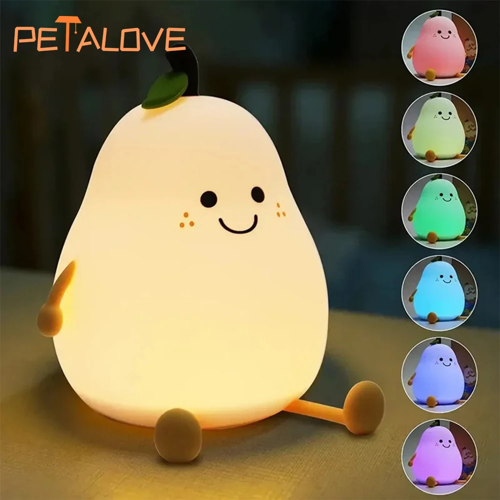 Lovely Mini Led Pear Silicone Lamp Pat Brightness Adjustment Soft Rechargeable Night Light for Kids Gift Room Decoration