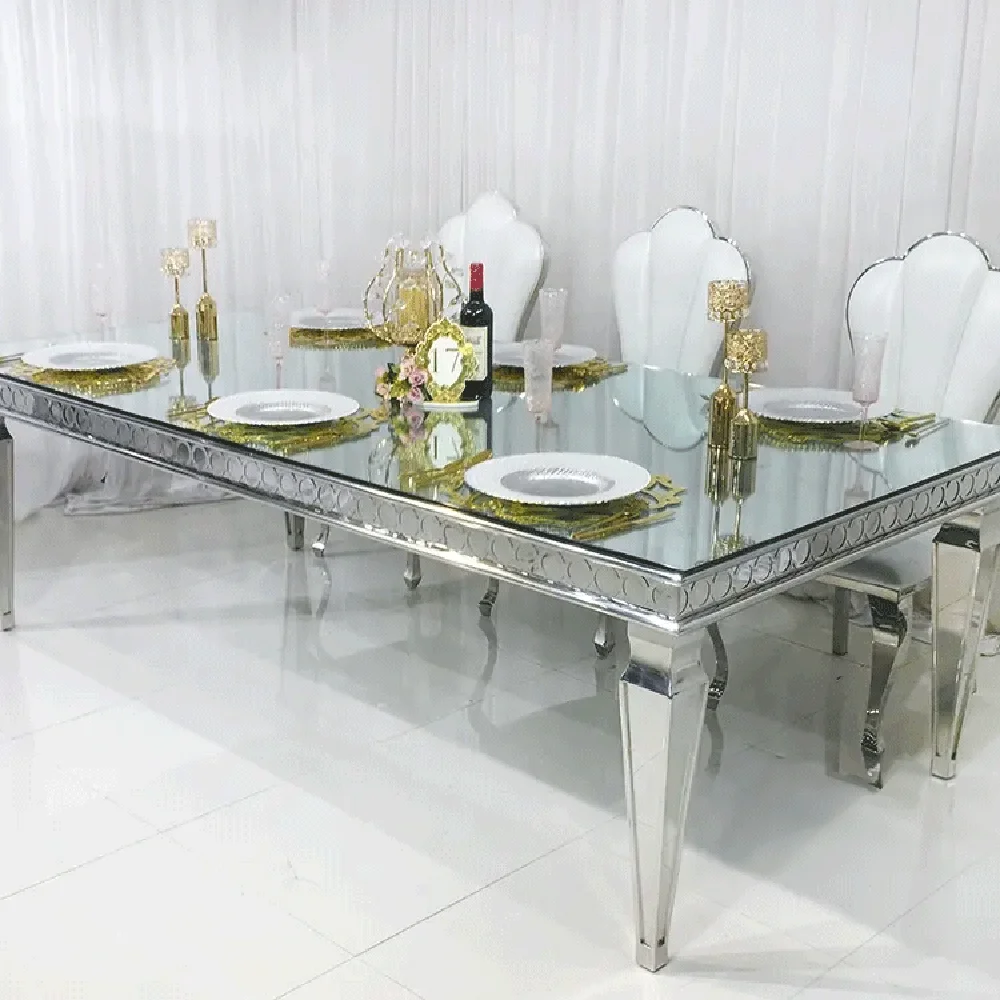 Luxury stainless steel silver rectangle tables event glass mirror dining table for wedding