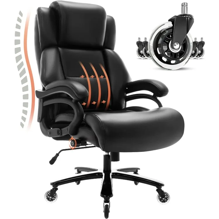 Office Chair- Adjustable Lumbar Support Heavy Duty Metal Base Quiet Rubber Wheels High Back Large Executive Computer Desk